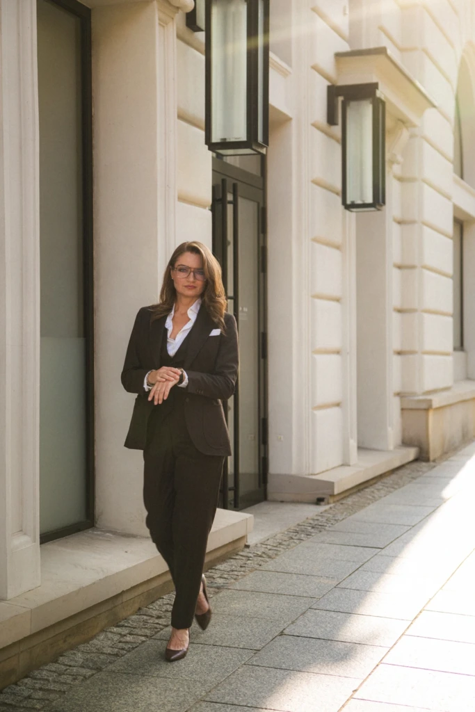 Brązowy flanelowy trzyczęściowy garnitur damski - marynarka, spodnie, kamizelka - i biała koszula, garnitur do pracy.